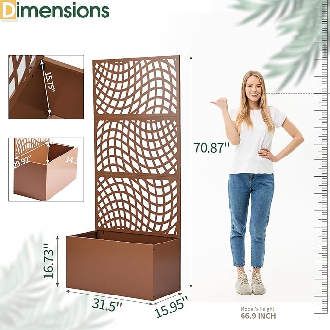 Outvita Metal Planter Box with Trellis 71’’ x 32’’ x 16’’ Raised Garden Bed with Drainage Holes for Climbing Plants Vegetables Vines Wavy Grid Cutout Privacy Planters for Patio (Brown)