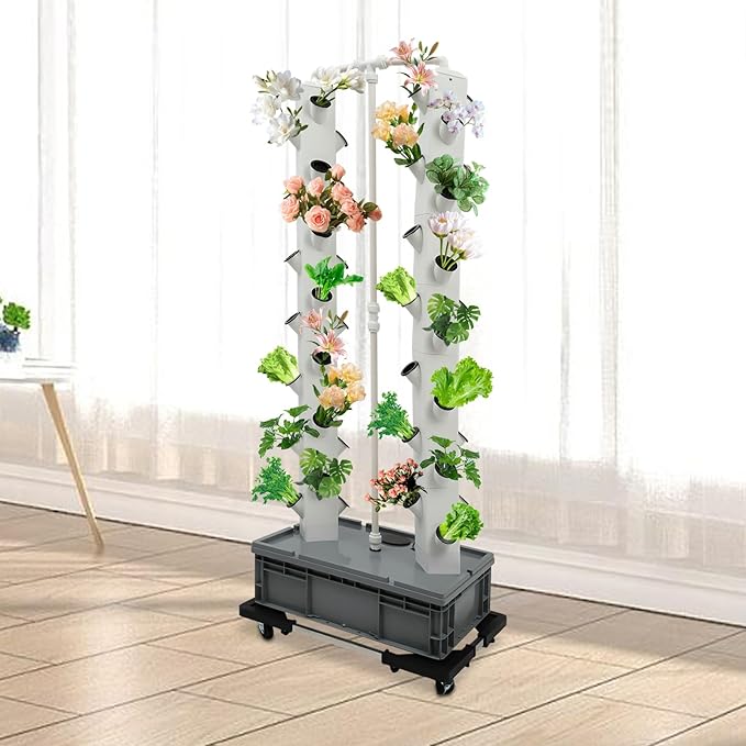 56-Hole Hydroponic Growing System Vertical Garden Tower with Automatic Watering Timer 4 Wheels for Indoor Outdoor Use | Grow Lettuce Strawberries Tomatoes Herbs