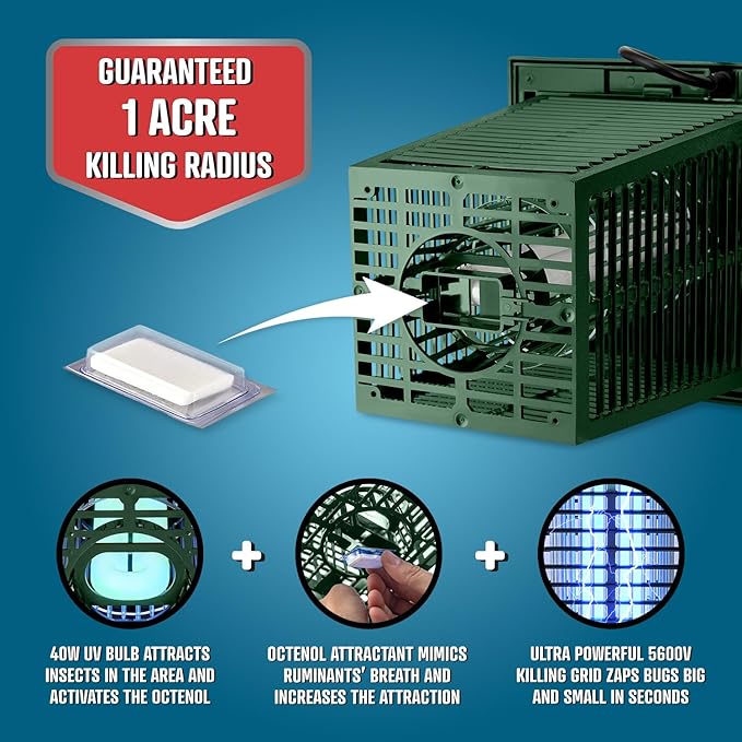 Flowtron Bug Zapper 1 Acre of Outdoor Coverage with Powerful 40W Bulb &amp 5600V Instant Killing Grid Electric Insect Fly &amp Mosquito Zapper Made in The USA - Green Color