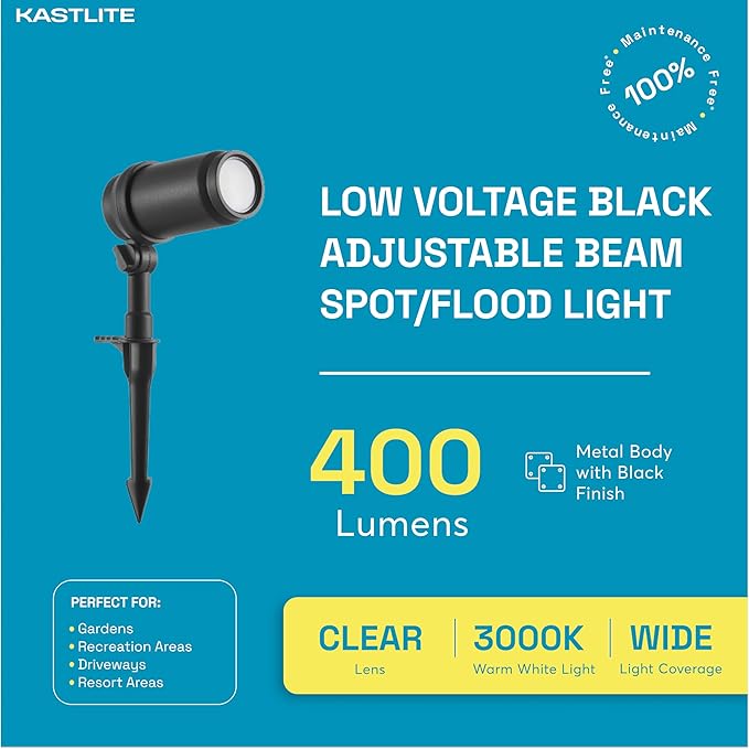 KASTLITE 3.6W 400LM LED Spot/Flood Light with Black Finish for Pathway Garden Yard | 12V Soft White 3000K Integrated LED Adjustable Beam Outdoor Spotlight | IP65 Waterproof | Single Unit