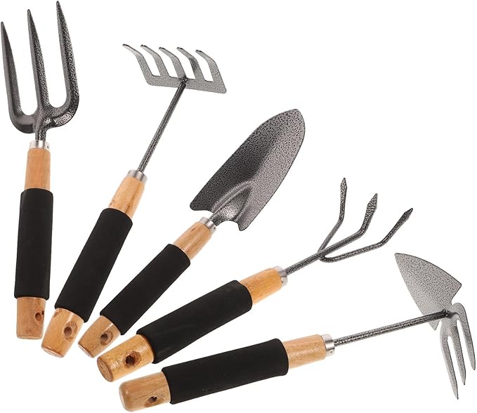 5pcs Ergonomic Gardening Tool Set with Hand Rake and Outdoor Shovels Garden Rakes and Digging Tools for Planting and Lawn Care Includes Storage Rack