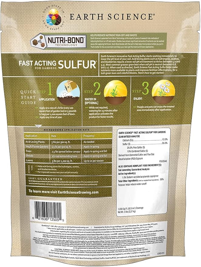 Earth Science Fast Acting Sulfur Granules – 5lb – Reduces Soil pH and Nutrient Runoff Improves Growth &amp Color for Acid-Loving Plants Long-Lasting Lawn Care Supplement