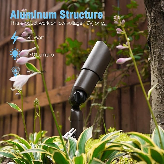 GOODSMANN Landscape Lighting Low Voltage Path Lights 2PK 10W 25 Lumens Halogen Outdoor Lights with 2PK 20W Halogen 176 Lumens Spotlight with Metal Stake and Cable Connector