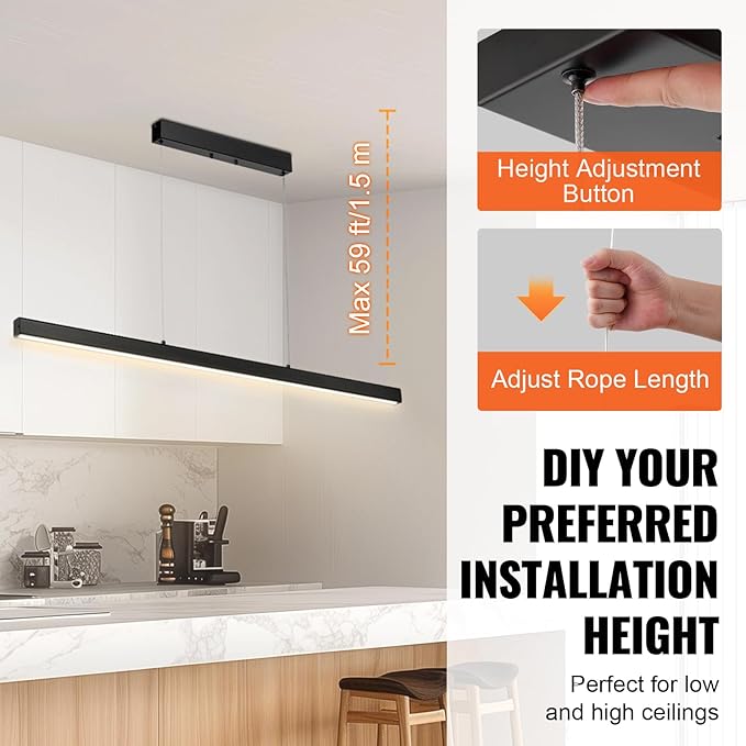 VEVOR Dimmable Linear Pendant Light 20W 47 in LED Linear Light Fixture Chandelier with Acrylic Lampshade 3000K / 4000K / 6500K Color Temperature Adjustable Height for Dining Room Kitchen Island