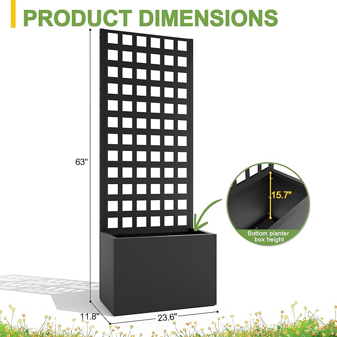 FENCY Metal Planter Box with Trellis Planter Trellis for Climbing Plants Vegetable Vines Trellis with Planter Box &amp Privacy Screen Raised Garden Bed with Drainage Holes (23.6 L x 63 H/Lattice