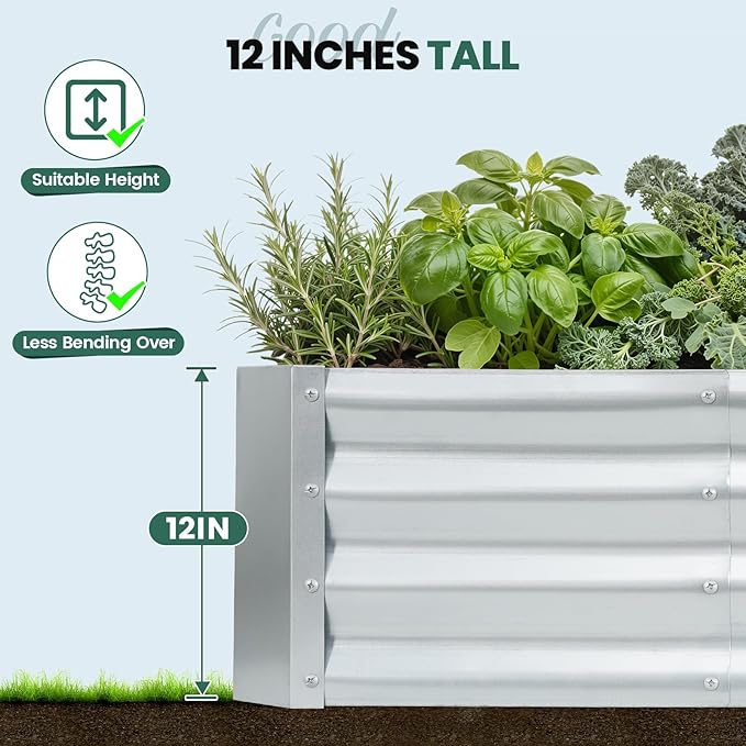 G GOOD GAIN 4x2x1ft Raised Garden Bed – Galvanized Metal Planter Box for Vegetables Flowers Herbs Fruits – Outdoor Garden Beds with Open Bottom Sliver