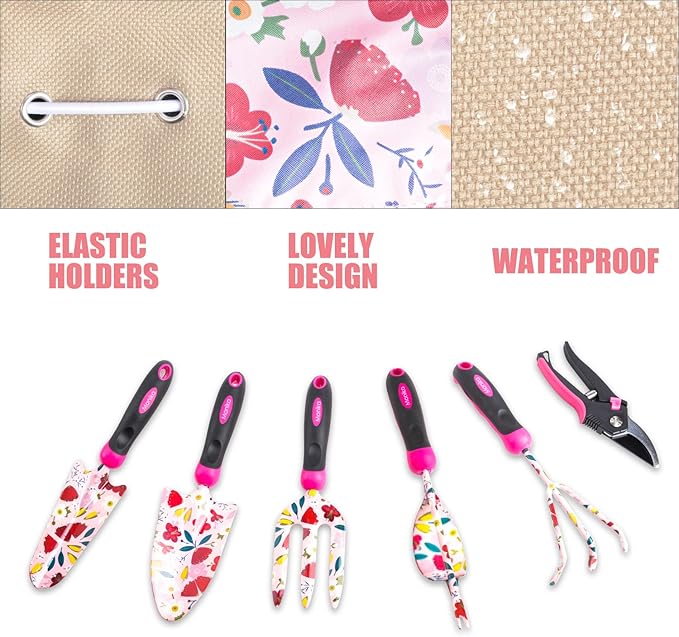 Monika 20-Piece Gardening Tool Set for Women Heavy Duty Rust-Proof Stainless Steel with Pink Floral Carry Bag Includes Trowel Transplanter Cultivator Pruner Ideal Gift for Garden Lovers