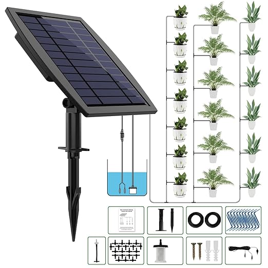 Solar Automatic Drip Irrigation Kit System Solar Powered Auto Easy DIY Watering Device Supported Pots Plants 12 Timing Modes with Anti-Siphoning Device (Supported 20-30 Pots 12Timing Modes)