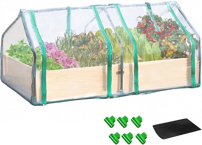 4x2ft Raised Garden Bed with Greenhouse CoverWooden Planter Box with Clear PVC Cover &amp Dual Roll-Up WindowsOutdoor Elevated Garden Box for Vegetables/Herbs/FlowersPatioBalconyBackyard