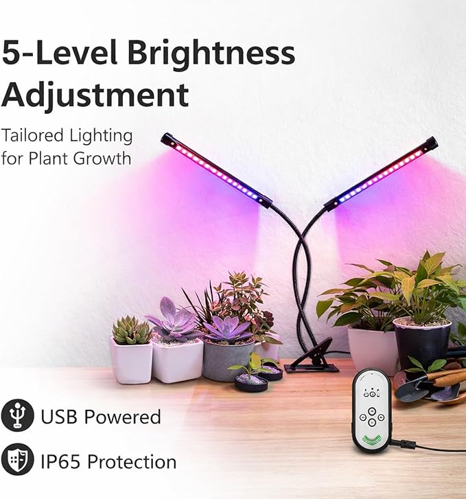 Plant Grow Light Dimmable Dual Head Clip On LED Lamp 30W Full USB Powered - Adjustable Brightness Timing Functions Indoor Gardening