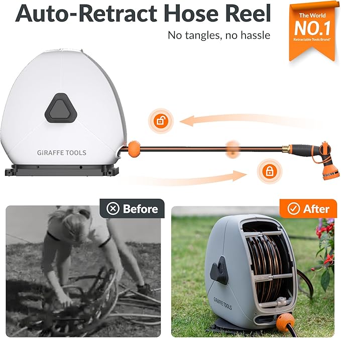 Giraffe Tools Heavy Duty Retractable Hose Reel 5/8 x 92FT Automatic Rewind Garden Hose Reel with 360° Swivel Base Ground Mounted for Lawn Patio Concrete Floor &amp Yard Watering