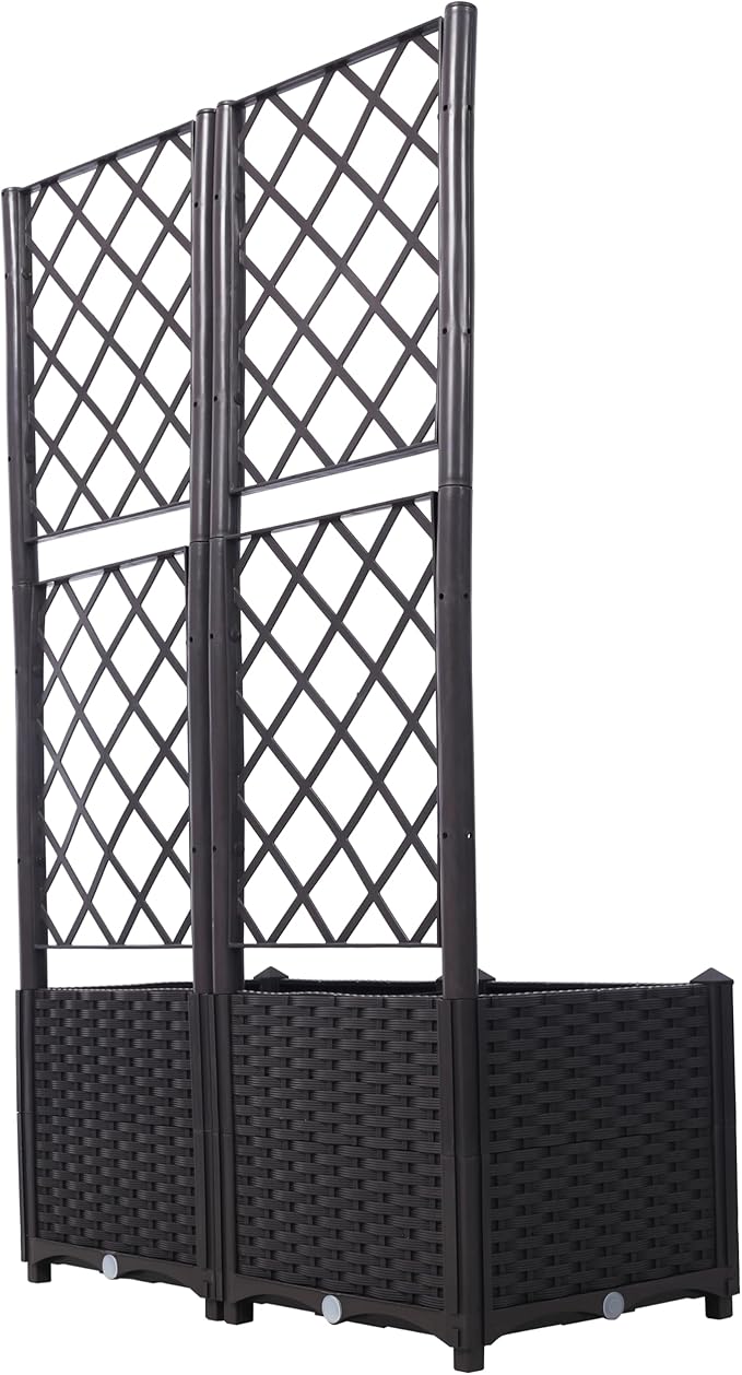 Rattan Trellis Raised Bed Plastic Planter Boxes with Drainage Plug 2 Removable Pots with Large Flower Boxes Built-in Support for Climbing Plants Outdoor Patio Garden Decoration (Brown Style 3)