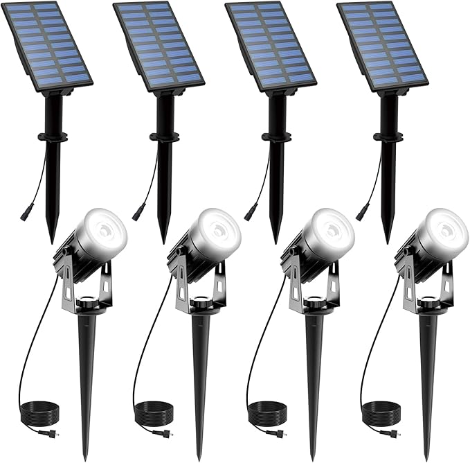 T-SUNUS 4 Pack Solar Landscape Spotlights White 6000K Garden Spot Lights IP65 Waterproof 9.8ft Cable 2000mAh Separated Panel Auto On/Off for Garden Driveway Pathway Pool Area