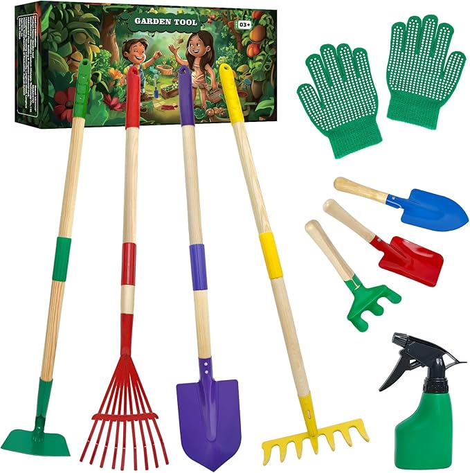 9Pcs Kids Gardening Tools Set - Toys with Shovel Rake Hoe and Leaf Rake for Outdoor Backyard Play STEM Educational Toys Ideal Christmas Birthday Gifts for Toddler Boys &amp Girls Ages 3 4 5
