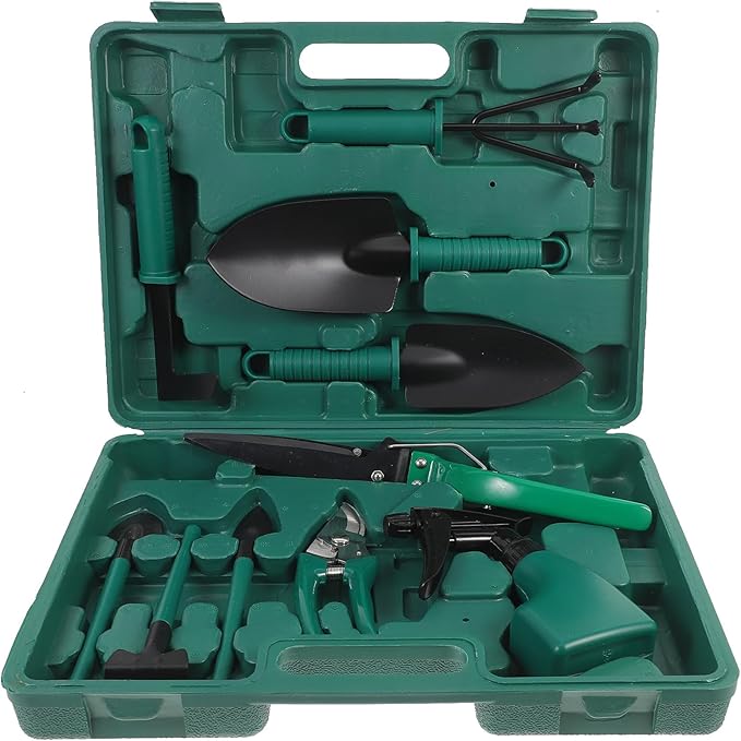 10pcs Portable Garden Tool Set with Planting Shovels Hand Rake and Pruning Shears in Carrying Case for Outdoor Gardening and Flower Planting