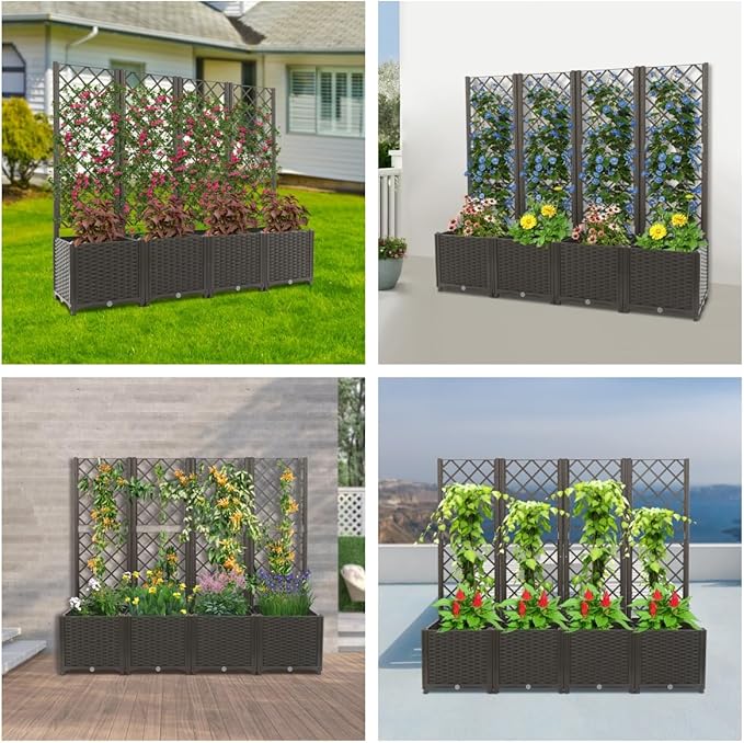 4Pcs Planter Box with Trellis Plastic Raised Garden Bed with Trellis &amp Drainage Holes Privacy Planter Boxes for Climbing Plant Flowers Vegetables for Garden Patio Backyard(Brown)