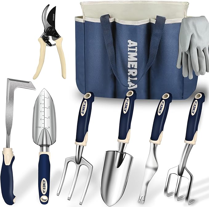 Aimerla Gardening Tools Set of 9 Heavy Duty Garden Tools with Non-Slip Rubber Grip with Large Garden Bag Durable for Garden Weeding Gifts for WomenMen