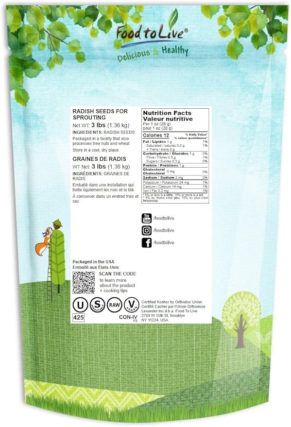 Food to Live - Radish Seeds for Sprouting 3 Pounds Edible Seeds Pure Vegan Kosher Bulk. Rich in Vitamin C. High Germitation Rate. Grow Sprouts and Microgreens for Salad Sandwiches Rolls.
