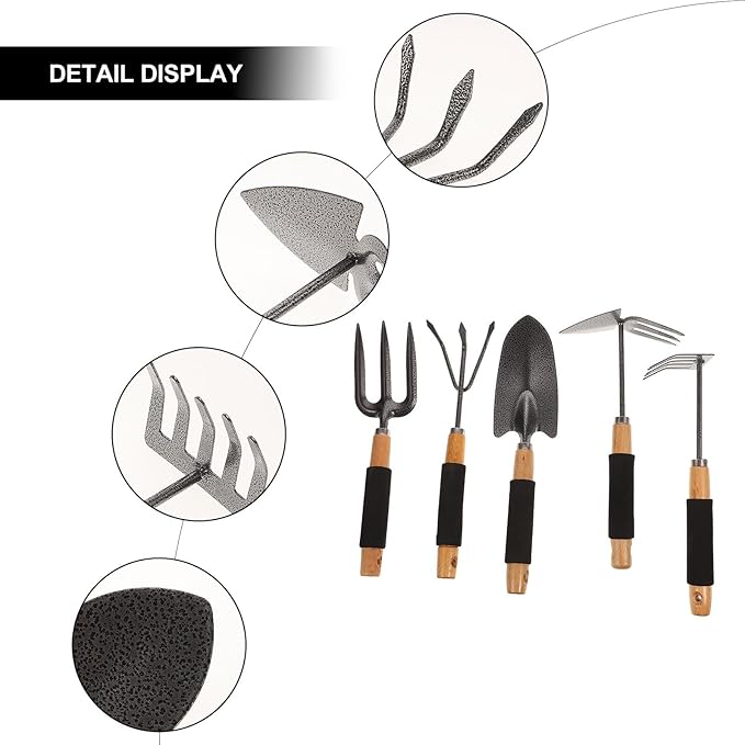 5pcs Ergonomic Gardening Tool Set with Planting Shovels and Garden Rake Outdoor Hand Tools with Storage Rack for Planting and Lawn Care
