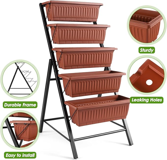 Suyncll Vertical Raised Garden Bed Planter Box5 Tiers Vertical Garden Planter with Drainage System&amp4 Hooks for Herb Vegetables Flowers Brick Red