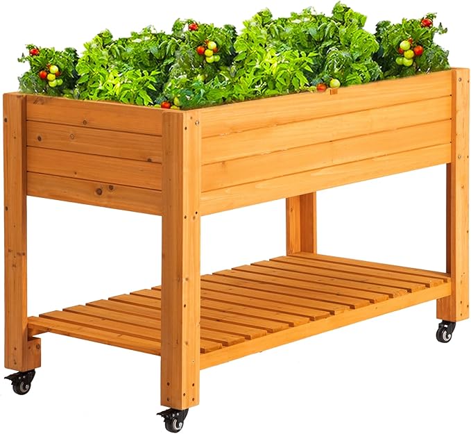 FORTUNO Raised Garden Bed with Wheels 48x24x33 Large Wood Planter Box with Legs Outdoor Mobile Wooden Elevated Raised Beds for Vegetable Flower Standing Gardening Box with Liner for Patio Deck