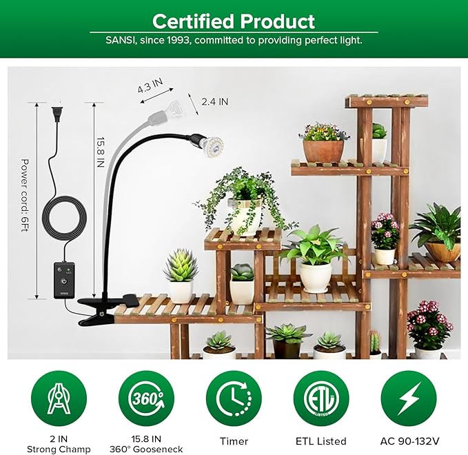 SANSI LED Grow Lights for Indoor Plants Lifetime Free Bulb Replacement 150W Full Spectrum Gooseneck Clip Plant Grow Light Plant Light with Timer 4/8/12 Hrs High PPFD Growing Power Grow Lamp