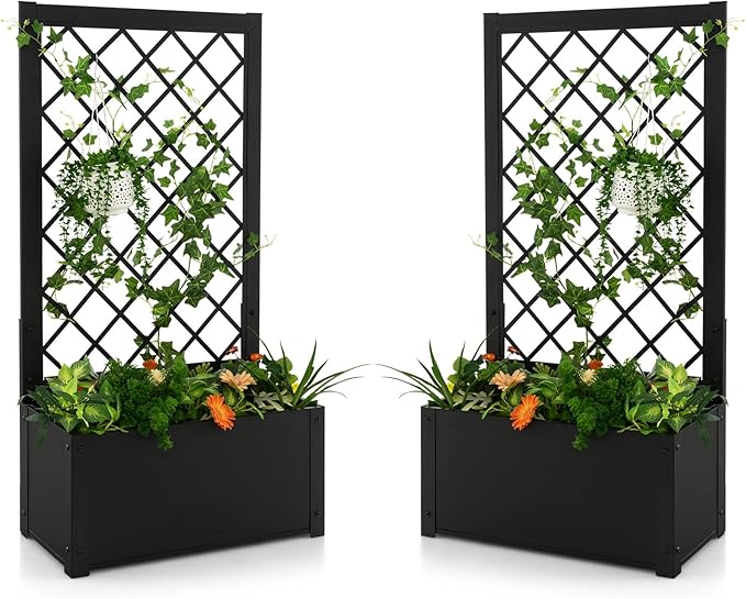 Giantex Set of 2 Raised Garden Bed with Trellis 44 Metal Vertical Planter with Garden Trellis Diamond Lattice for Vine Plant Flower Climbing Indoor &amp Outdoor Use for Yard Garden Balcony
