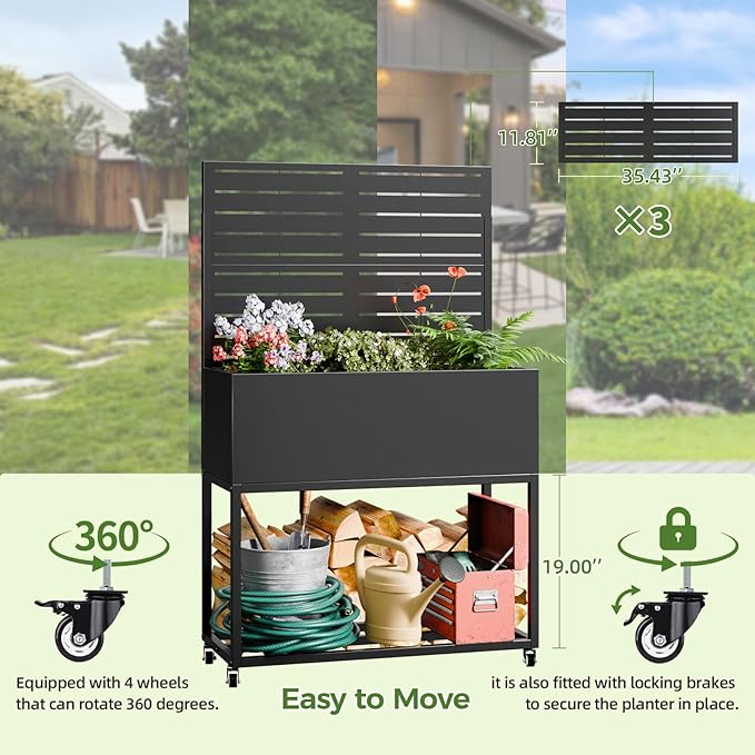 Metal Planter Box with Trellis55 H x35 W Raised Garden Beds with Privacy Screen for Climbing Plants Flower Elevated Standing Planter Garden Bed with Drainage Holes for Outdoor PatioBlack