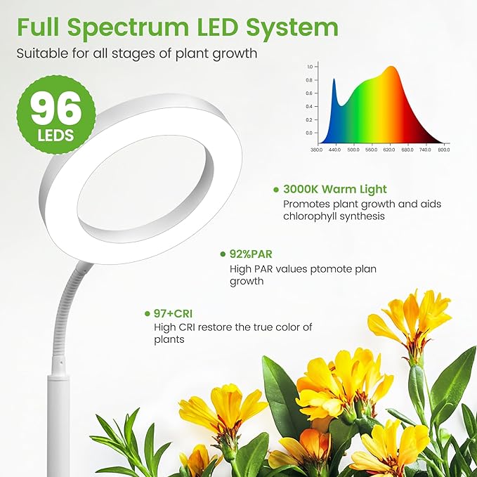 Grow Lights for Indoor PlantsFloor Lamp with 63IN StandFull Spectrum10 DimmingHalo Ring Warm Light 3/9/12H TimerHeight AdjustableMetal Stable Base Growing Light for Tall Small Plant