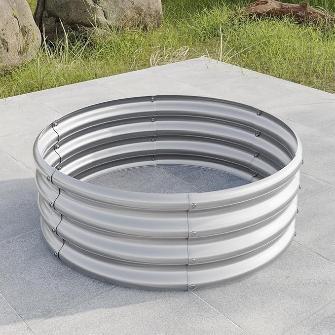 Round Galvanized Raised Garden Bed kit Steel Fire Pit Ring Flower Planter Metal Above Ground Boxes Kit Patio Ground Planter for Planting Vegetables and HerbSilver32.1×11.4