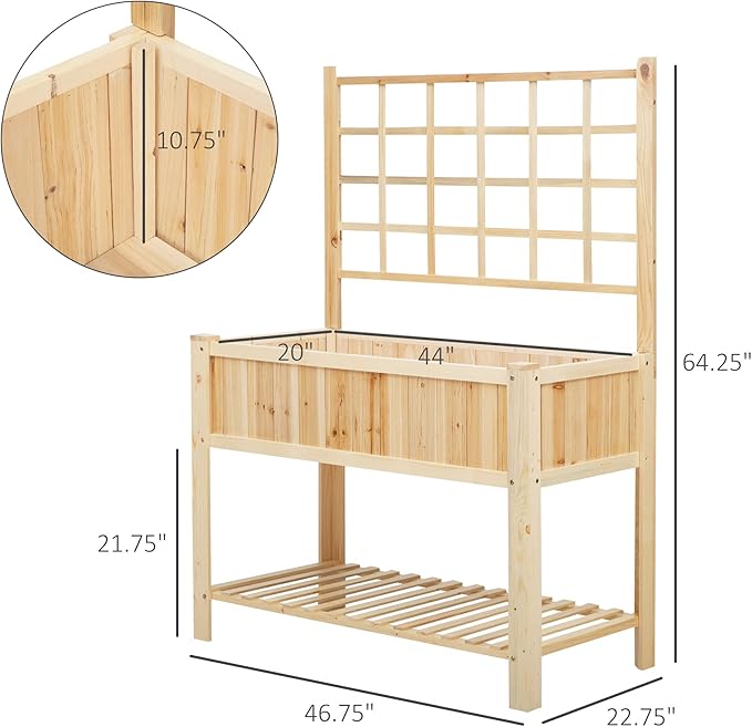 Outsunny 47'' Wooden Raised Garden Bed with Trellis Coutryside Style Elevated Planter Box Stand with Open Storage Shelf Spacious Planting Area for Vegetables Herbs Flowers