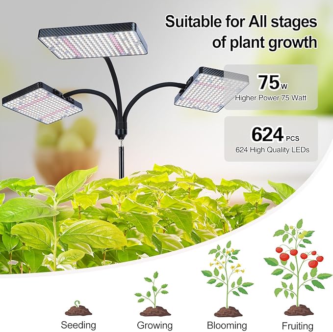 3Head Grow Light with Stand 75 Watt Bright Enough and Big Coverage Natural Sunlight Full Spectrum Plant Growing Lamps for Tall&ampLarge Indoor Plants Bonsai Tree 4/8/12/16/20H 5-Mode Timer