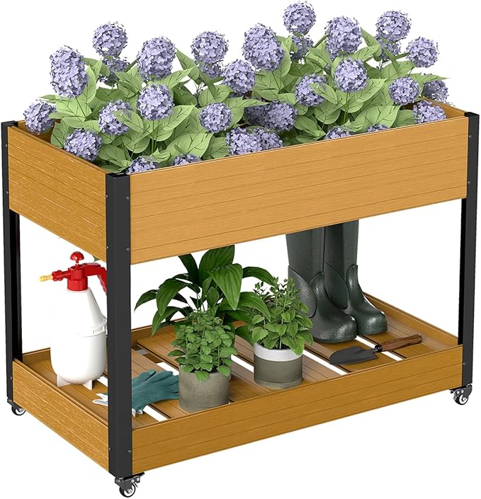 WPC Raised Garden Bed Waterproof Elevated Planter Box with Legs and Wheels for Outdoor Standing Patio Planters for Vegetables Flowers Herbs with Drainage Holes Yellow Teak