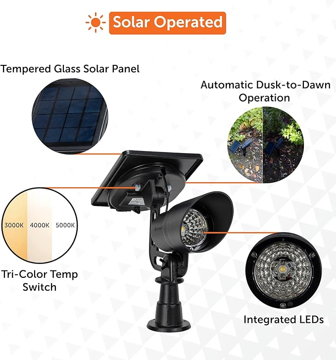Gama Sonic Tri-Color Progressive Solar LED Spotlight with 100 Lumens Outdoor Black Cast Aluminum 3000K/4000K/5000K with Detachable Solar Panel (103i90090)