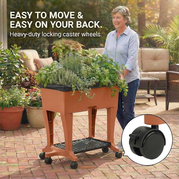 EarthBox Raised Garden Bed with Legs – Elevated Self Watering Planter Box with Wheels Storage Shelf Premium Plant Food Easy Assembly Made in USA Terra