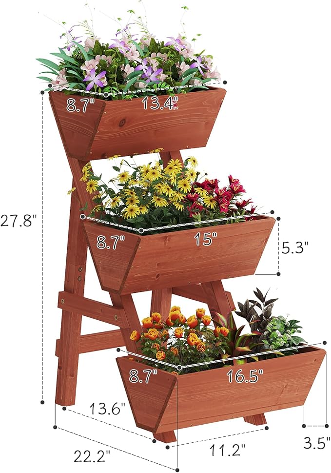3-Tiers Wooden Raised Garden BedWood Planter Box for VegetableFlower RackFlower Pot StandsIndoor Outdoor Gardening Planting Beds (Brick red Small)