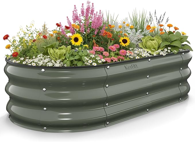 Kesfitt Raised Garden Bed 4x2x1 FT Galvanized Steel Metal Raised Garden Bed Oval Open-Bottom Design 12-Inch Deep for Outdoor Vegetable &amp Herb Gardening Volcanic Gray