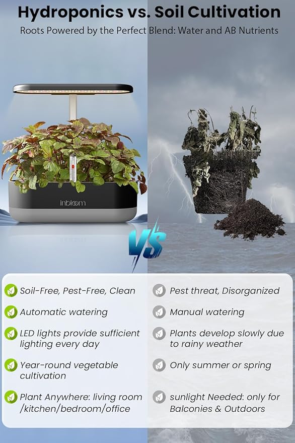 inbloom 12 Pods Hydroponics Growing System Kit Herb Garden Planter Indoor Kit Indoor Gardening Hydroponics Growing System with Pods 4.2L Water Pump Height Adjustable Gifts for Woman Black