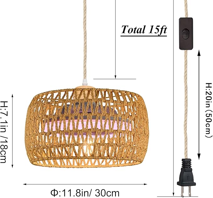 30W Full-Spectrum Lamp with 4W Fan Timer by Remote Control Swag Hanging Boho Plant Growing Light 15ft Plug-in Twine Braiding Cord Dimmable Natural Dome Shade for Indoor Planting Portable