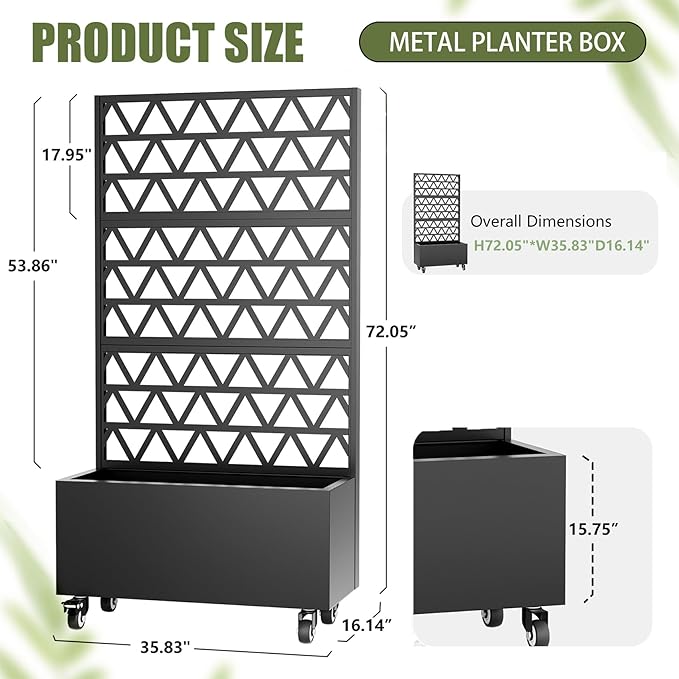 Sturdy 47 Metal Planter Box with Trellis on Wheels Galvanized Steel Raised Garden Bed Privacy Screen 71 Tall Mobile Vertical Garden Planter for Patio Outdoor Climbing Plant Support Black