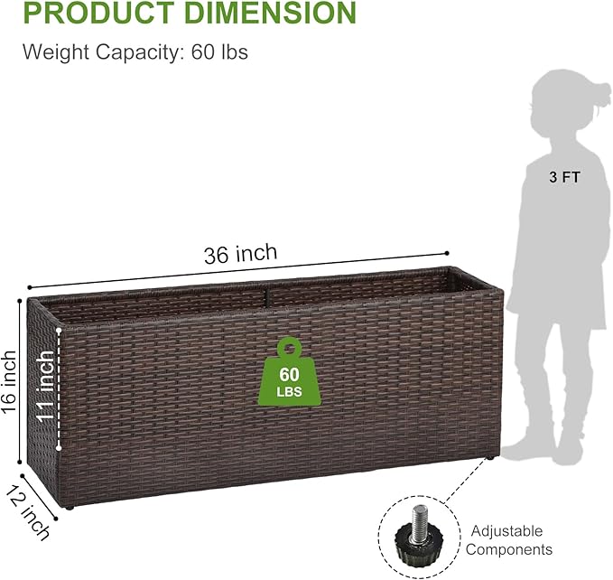 LEWIS&ampWAYNE Large Rectangular Block Planter Box Handmade Wicker Tall Planters for Outdoor Plants with Removable Liners Modern Planter for Indoor Outdoor Patio Deck - Brown 36''x12''x16''