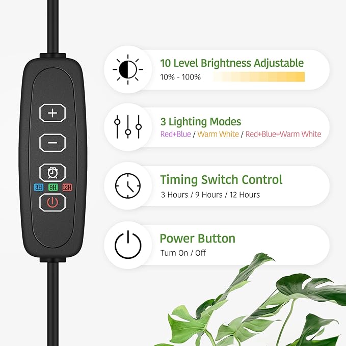 Desk Grow Lights for Indoor Plants Red Blue Full Spectrum Desktop LED Plant Growing Lamps Height Adjustable 13.7-24.2inch 3/9/12H Auto Timer10 Levels Dimmable Black Table Growth Light