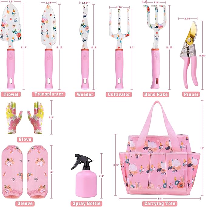Floral Garden Tools SetHeavy Duty Gardening Tools for GardenerGardening Gifts for WomenStorage Tote BagSleevesGlovesTrowelTransplanterRakeWeederCultivatorPrunerSucculent Hand ToolsPink