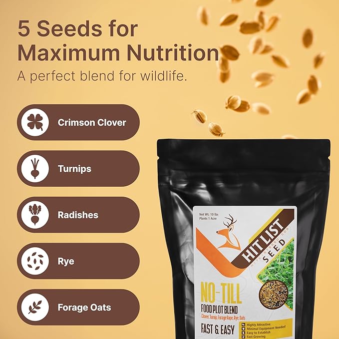 No Till Food Plot Seeds for Deer [Annual Mix] – Throw and Grow Food Mix – Deer Seed Blend with Clover Rye Turnip Brassica Oats – No Plow Planting – 5 lbs