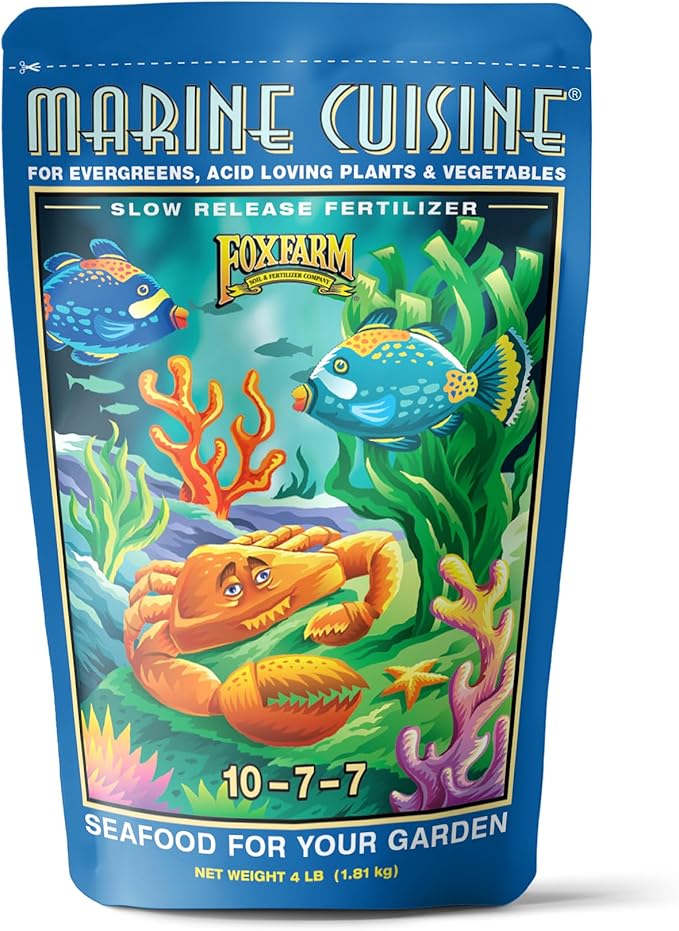 FoxFarm Marine Cuisine All Purpose Fertilizer - 10-7-7 Ocean-Based Plant Food with Crab Meal Seabird Guano - Slow Release Fertilizer for Vegetables Flowers Roses &amp Container Plants - 4 lb