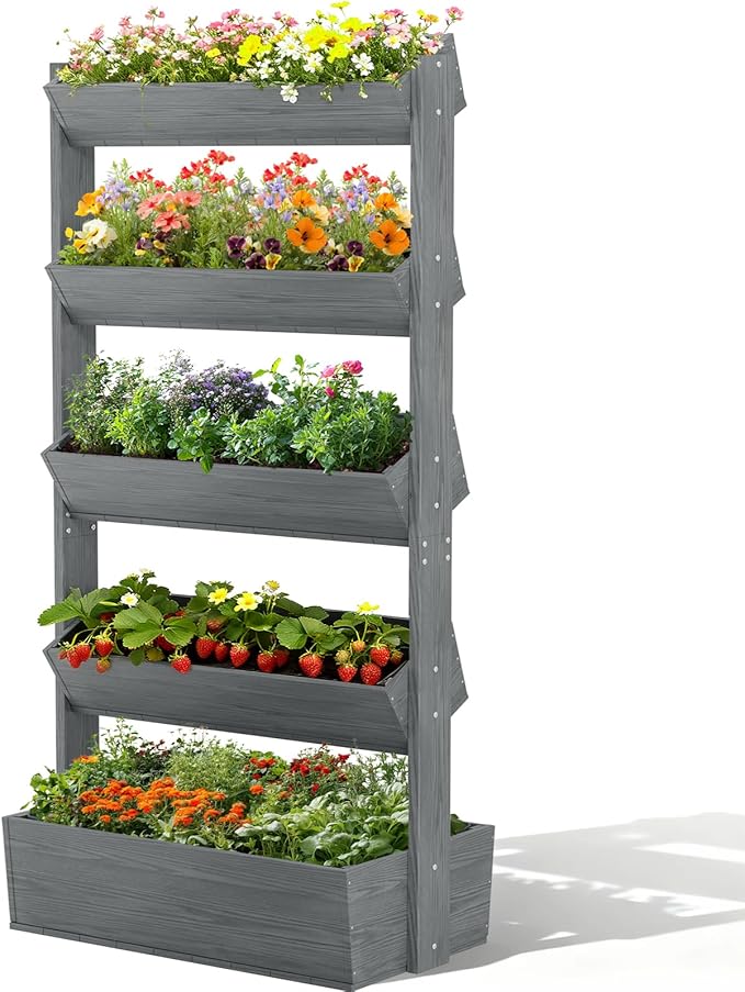 DoCred Vertical Wooden Raised Garden Bed 5 Tier Upgraded Garden Planters Freestanding Wood Plant Stand Flower Rack Wooden Planter Box for Plants Herbs Flowers Vegetables Outdoor Indoor