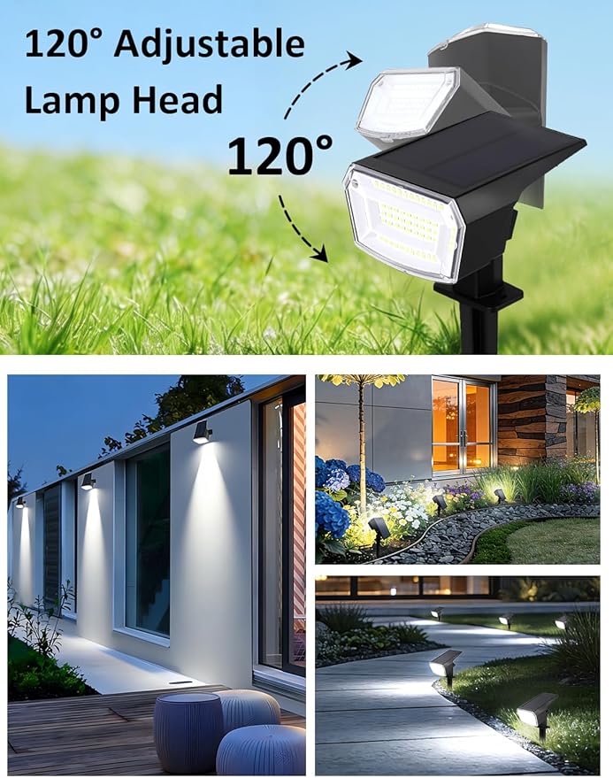 Solar Spot Lights Outdoor 4 Pack Waterproof Solar Powered Garden Lights 59 LED 4 Lighting Modes 6500K White Light 2-in-1 Auto On/Off Wall Light Outside Landscape Lighting for Yard Pathway