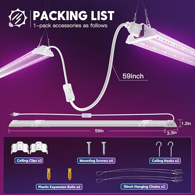 FREELICHT 1 Pack 4ft LED Grow Light 60W (350W Equivalent) Red Blue (660nm+460nm) Full Spectrum Grow Lights for Indoor Plants Hanging Plug in Grow Lamp for Hydroponic Greenhouse Plants Seedling Veg