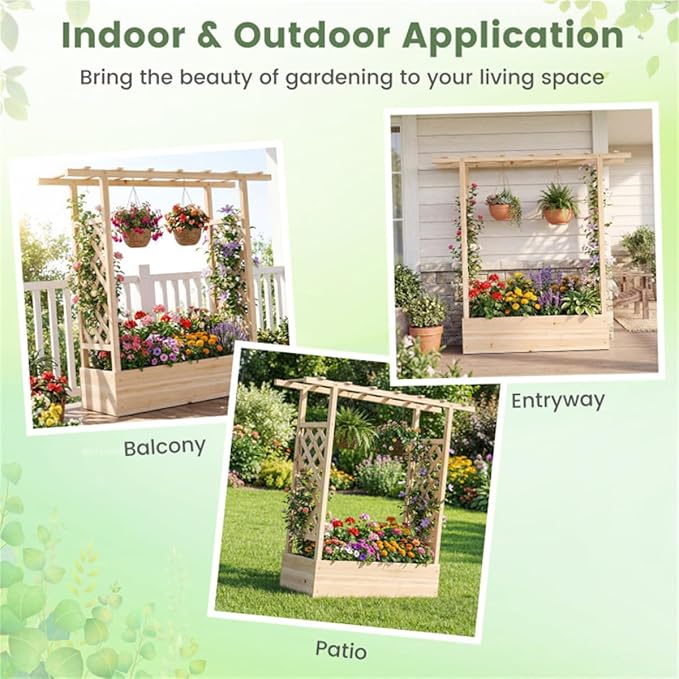 Fir Wood Raised Garden Bed with Side Trellis 109.22×35.56×114.30 cm Planter Box with Drainage Holes-Natural