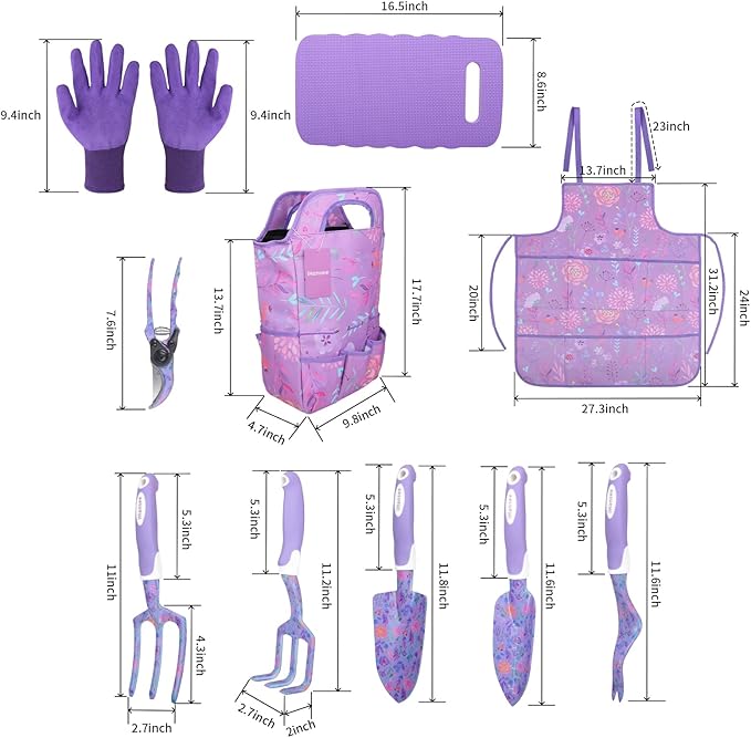 Purple Garden Tool Sets 10-Piece Aluminum Alloy Steel Hand Tools w/Non-Slip Ergonomic Handle Floral Print Garden Supplies Organizer Handbag Cute Gardening Tools Gift for Women Grandmother